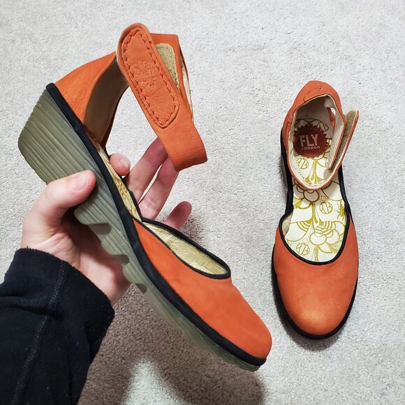 FLY LONDON Yake Ankle Strap Wedge Shoes Heels Leather Poppy Orange Women's 38 - Picture 1 of 13